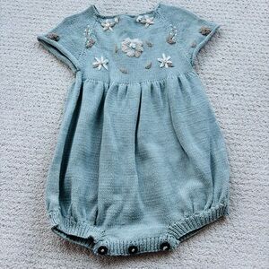 Shirley Bredal Embroidered Floral Baby Romper in Blue and Beige